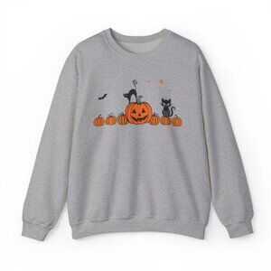 Halloween Pumpkin & Cat Crewneck Sweatshirt, Cozy Fall Apparel, Unisex Sweater